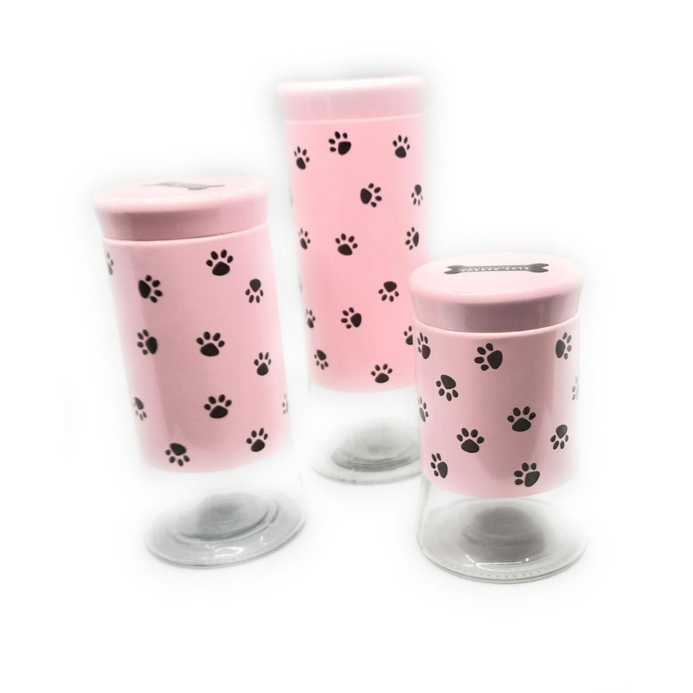 Blue Harbor Set of 3 Air-tight Glass Storage Jars Pink w/ Paw Print Design